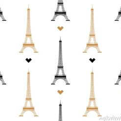 Tapeta: Proste bezszwowe tło z złotą sylwetką wieży na białym tle. ilustracji