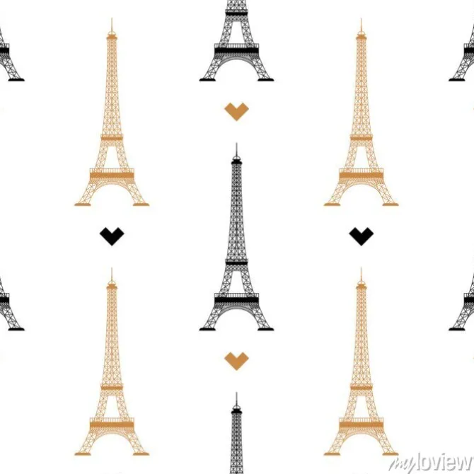 Tapeta: Proste bezszwowe tło z złotą sylwetką wieży na białym tle. ilustracji