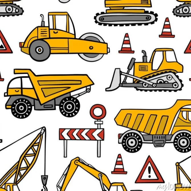 Tapeta: Ręcznie rysowane budowy samochodów bezszwowe wektor wzór na białym