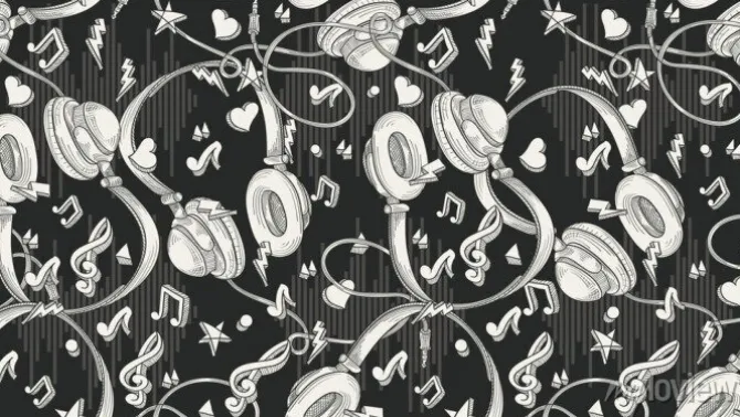 Tapeta: Ręcznie rysowane muzyczne słuchawki - bezszwowe monochromatyczny