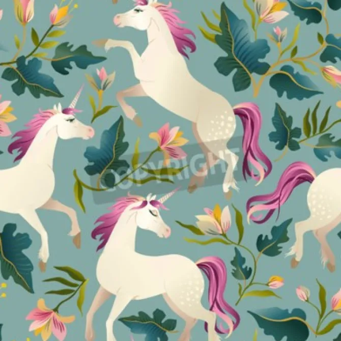 Tapeta: Ręcznie rysowane rocznika jednorożca w magiczny wzór lasu. ilustracji