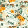 Tapeta: Retro seamless island pattern landscape with palm treeshibicus,flowers,beach