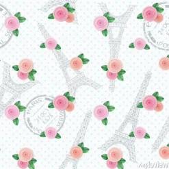 Tapeta: Romantyczny bez szwu deseń z wieży eiffla, pieczęci i róże. do