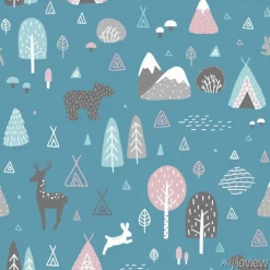 Tapeta: Scandinavian seamless pattern with deer, bear, hare, trees, bushes,