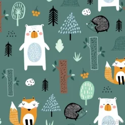 Tapeta: Seamless childish pattern with cute bear, fox, hedgehogs in the