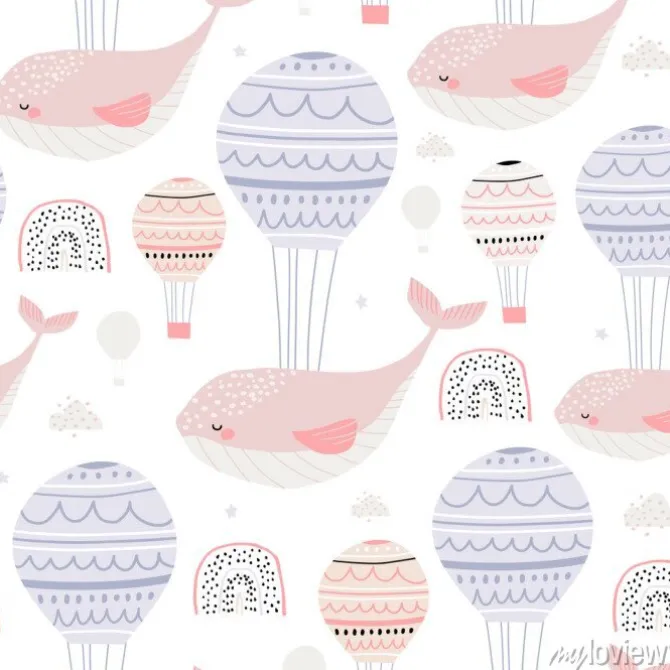Tapeta: Seamless childish pattern with pink sleeping whales hot air balloons.