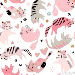 Tapeta: Seamless childish pattern with cute girl cats . creative kids