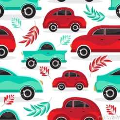 Tapeta: Seamless pattern of green and red cartoon car in flat vector.