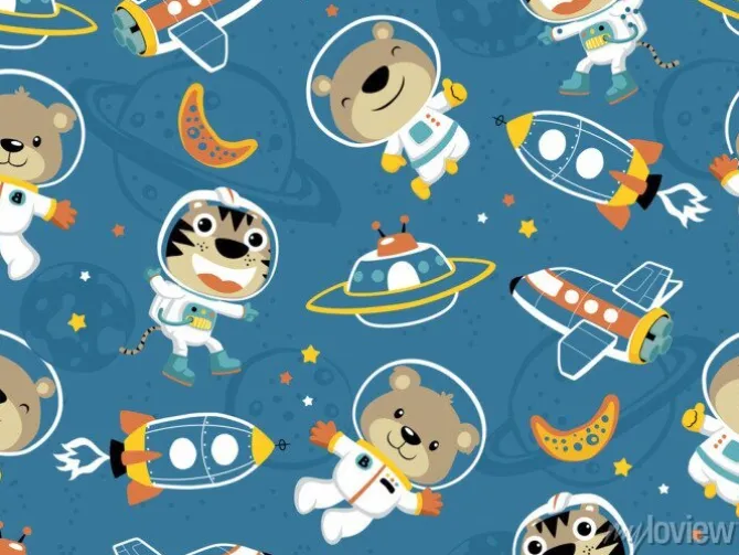 Tapeta: Seamless pattern of funny astronaut with outer space transportation