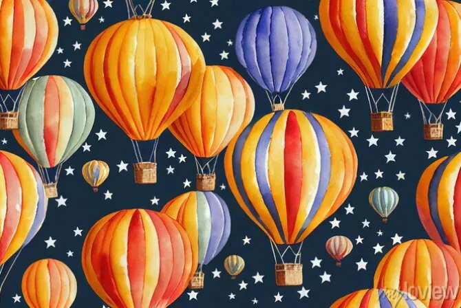Tapeta: Seamless pattern of a hot air balloon, moon, clouds, stars, and