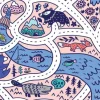 Tapeta: Seamless pattern of forest landscape map with roads, wild animals,
