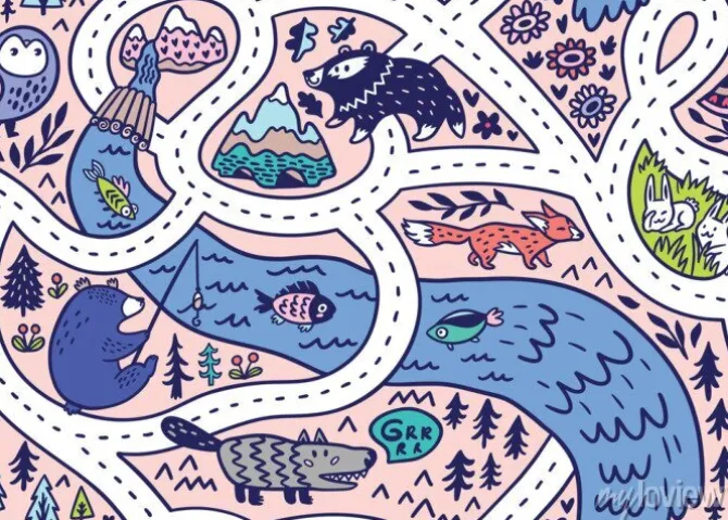 Tapeta: Seamless pattern of forest landscape map with roads, wild animals,
