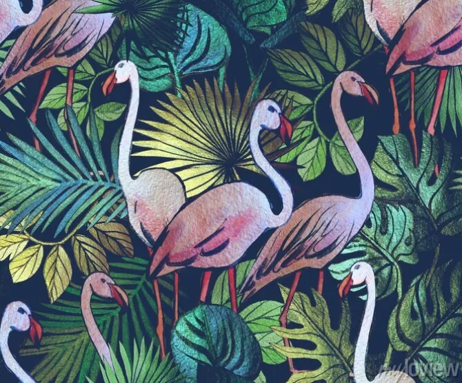 Tapeta: Seamless pattern with tropical leaves and pink flamingos. tropical