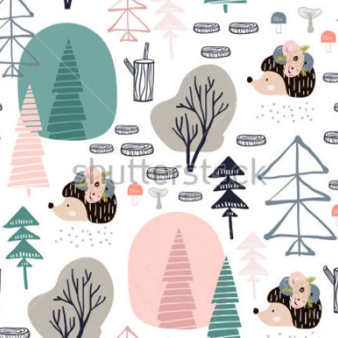Tapeta: Seamless pattern with hedgehog, forest elements. creative woodland