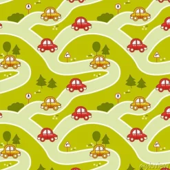 Tapeta: Seamless pattern with cartoon cars, roads and traffic signs