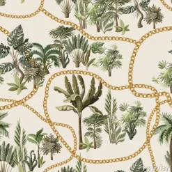 Tapeta: Seamless pattern with exotic trees such us palm, monstera and