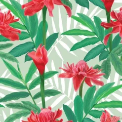 Tapeta: Seamless pattern with tropical torch ginger flowers with leaves