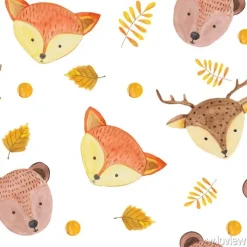 Tapeta: Seamless pattern with cute forest animals, leaves and blots on
