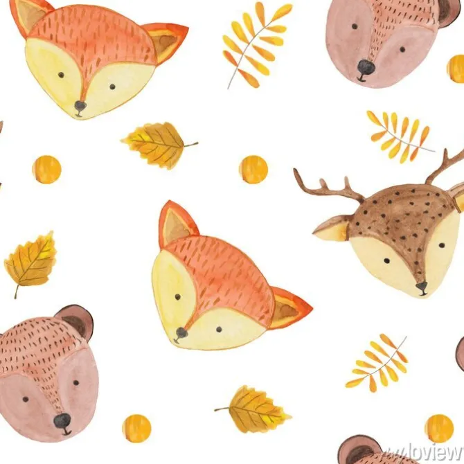 Tapeta: Seamless pattern with cute forest animals, leaves and blots on