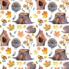 Tapeta: Seamless pattern with cute owls, hedgehogs, birdhouses, tree