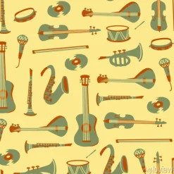 Tapeta: Seamless pattern with music symbols and instruments. vector doodle