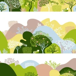 Tapeta: Seamless pattern with hilly landscape, trees, bushes and plants.