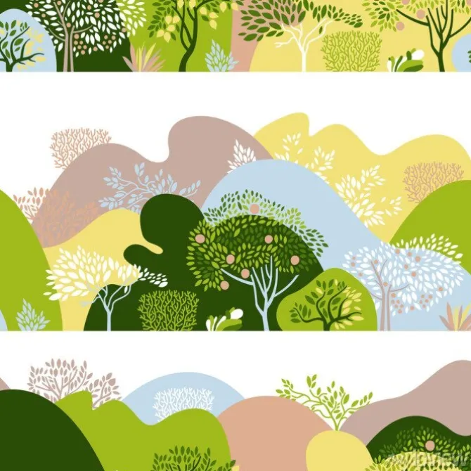 Tapeta: Seamless pattern with hilly landscape, trees, bushes and plants.