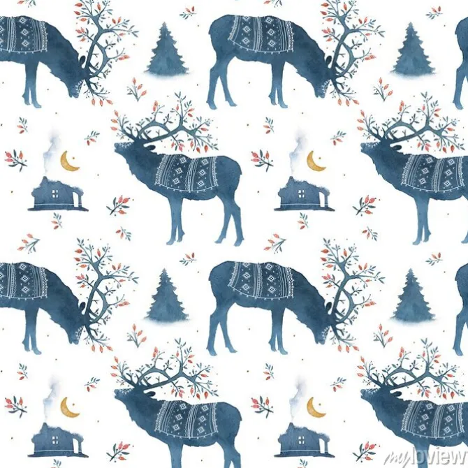 Tapeta: Seamless pattern with watercolor scandinavian elements. reindeer,