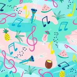 Tapeta: Seamless pattern with musical notes, instruments and summer symbols.