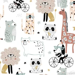 Tapeta: Seamless pattern with cartoon hand drawn bear,giraffe, dog,leopard,