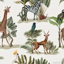Tapeta: Seamless pattern with exotic trees and animals. interior vintage