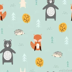 Tapeta: Seamless pattern with forest animals. kids cute print. vector