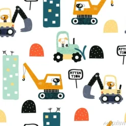 Tapeta: Seamless pattern with dog worker and heavy transports. kids funny