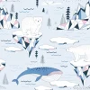 Tapeta: Seamless vector pattern with polar bear blue whale ocean mountains