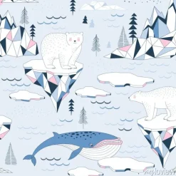 Tapeta: Seamless vector pattern with polar bear blue whale ocean mountains