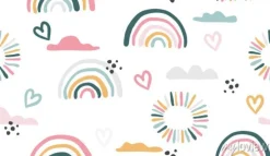 Tapeta: Seamless vector pattern with hand drawn rainbows and sun.