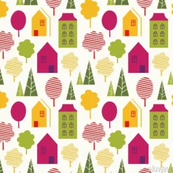 Tapeta: Seamless vector pattern with stylish trees and houses in bright