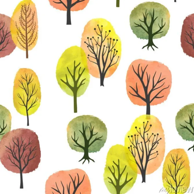Tapeta: Seamless watercolor autumn trees pattern. vector abstract autumn