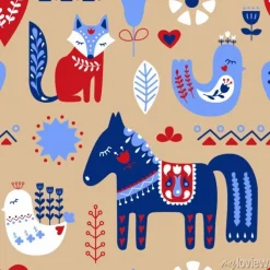 Tapeta: Skandynawski bez szwu wzór sztuki ludowej. nordic style. zwierzęta