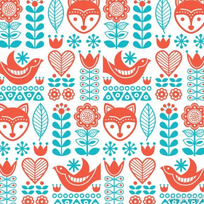 Tapeta: Skandynawski bez szwu wektor wzór ludowy z kwiatami i zwierzętami