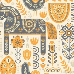 Tapeta: Skandynawski wzór z koniem i ptakiem