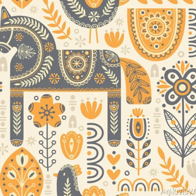 Tapeta: Skandynawski wzór z koniem i ptakiem