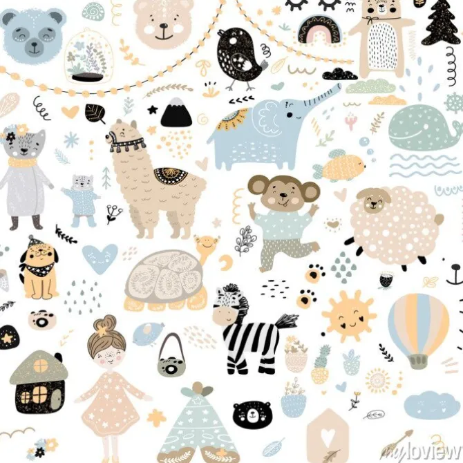 Tapeta: Skandynawskie dzieci gryzmoły elementy wzór zestaw kolor dzikie