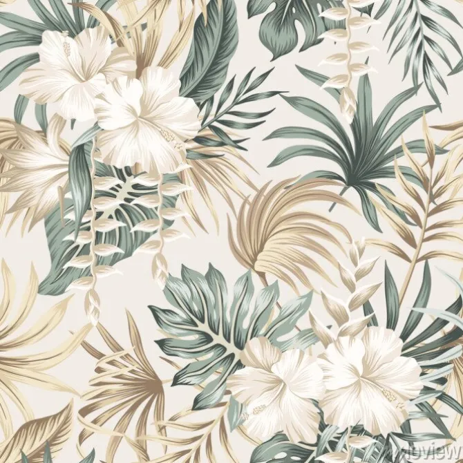 Tapeta: Subtelne tropikalne liście i kwiaty hibiskusa