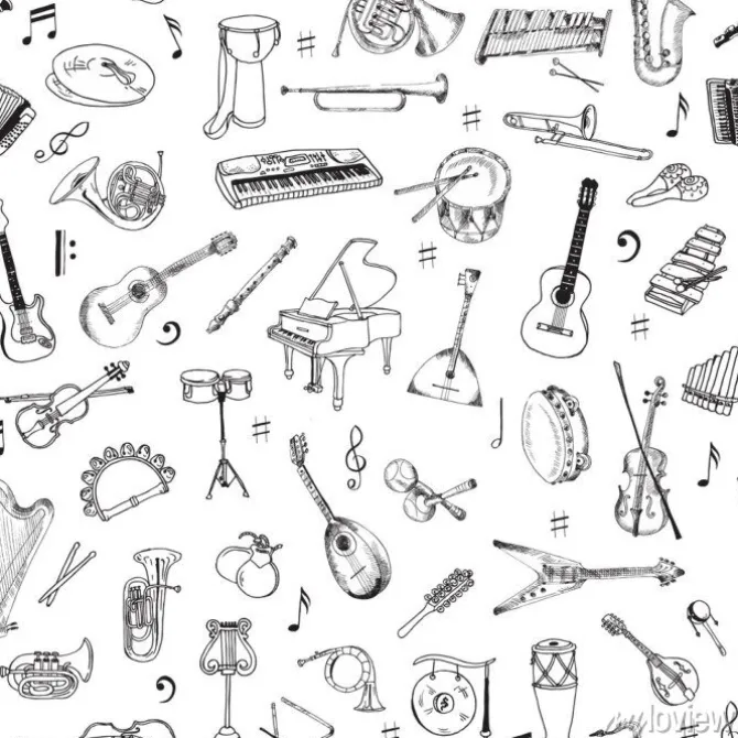 Tapeta: Szkicowe instrumenty muzyczne na białym tle