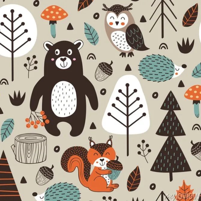 Tapeta: Szwu z zwierząt leśnych na beżowym tle styl skandynawski - ilustracji