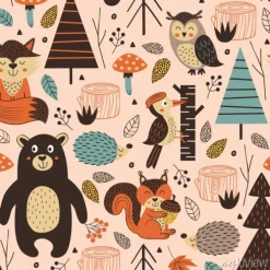 Tapeta: Szwu z zwierząt leśnych na różowym tle styl skandynawski - ilustracji