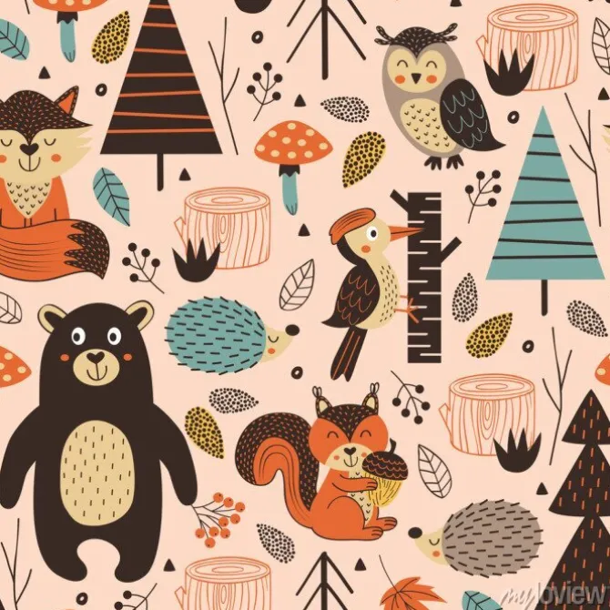 Tapeta: Szwu z zwierząt leśnych na różowym tle styl skandynawski - ilustracji