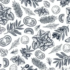 Tapeta: Tasty basil, mozarella, tomato, olive, garlic seamless pattern.