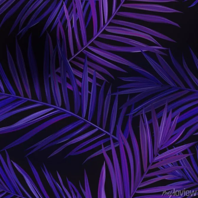 Tapeta: Tropical neon palm leaves seamless pattern. jungle purple colored